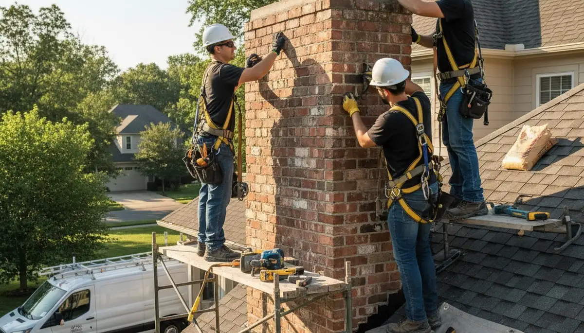 Kansas City, MO chimney repair crew fixing cracked mortar and damaged bricks on a home exterior