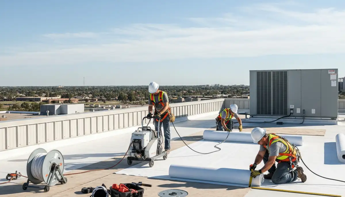 Kansas City, MO commercial roofing crew installing durable weather-ready roofing on a business building