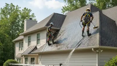 Kansas City, MO roof cleaning by FX Remodeling & Exteriors removing algae and debris from a home roof